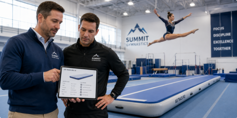 A gym owner and facility coach reviewing facility upgrades next to a premium, safe air track tumbling runway.