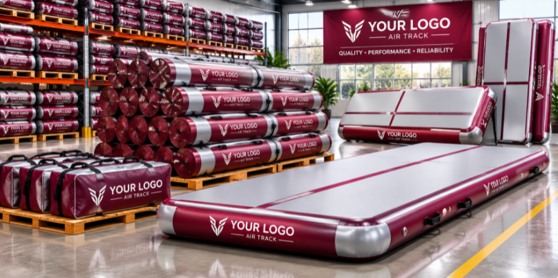 Wholesale facility layout showing a massive bulk order of matching, custom-branded inflatable sports mats for commercial clubs.