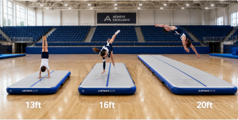 Side-by-side size comparison graphic showing 13ft, 16ft, and 20ft inflatable air track tumbling mats inside a sports hall.