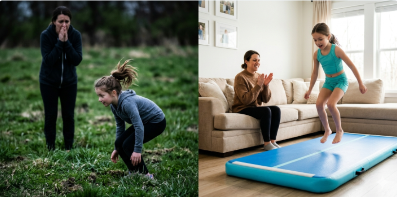 A split-screen image contrasting the safety risks of tumbling on backyard grass with the secure cushioning of a home airtrack mat.