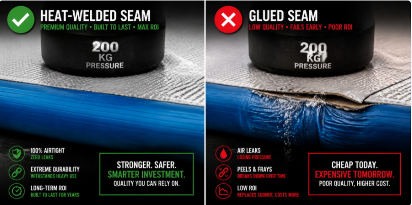 Close-up structural comparison between a durable heat-welded seam on a premium air track mat and a peeling glued seam on a low-quality alternative.