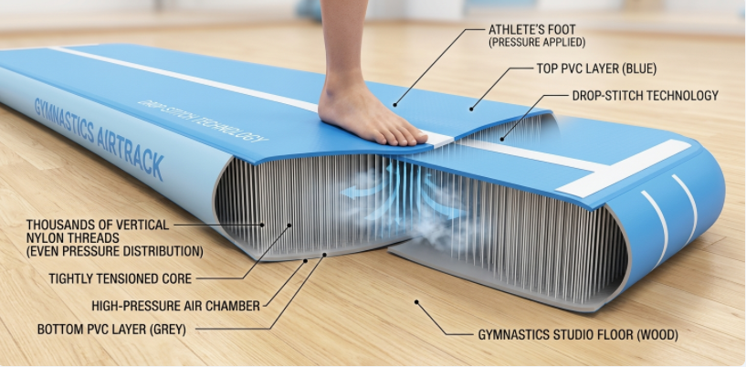 A detailed 3D cutaway diagram demonstrating the internal drop-stitch nylon threads that keep an inflatable airtrack mat flat under pressure.