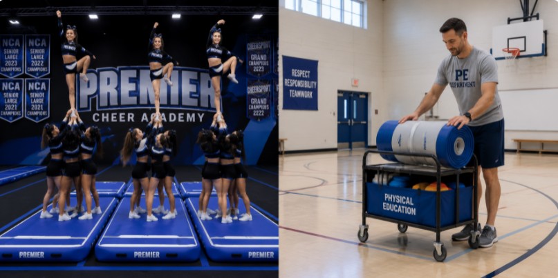 Real-world examples of wholesale air tracks being utilized in a professional cheer academy and stored in a school gym.