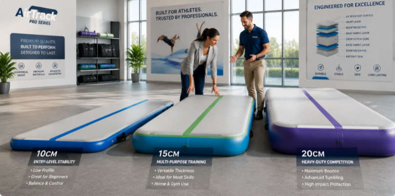 Comparison lineup of commercial air track mats in varying thicknesses inside a sports equipment showroom.