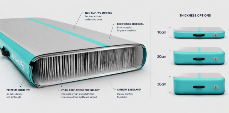 A 3D technical diagram illustrating the internal drop-stitch fibers and thickness tiers of a gymnastics air track.