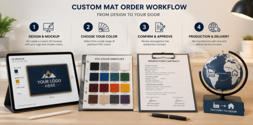 A creative workspace desk illustrating the step-by-step pipeline of designing and ordering wholesale custom air tracks.