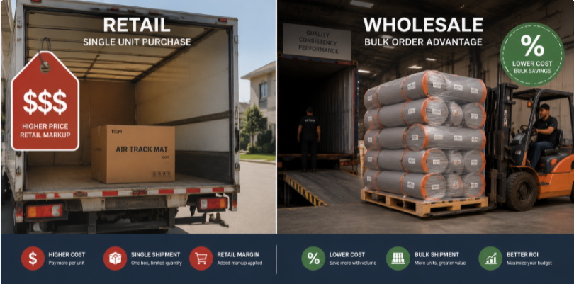 A split-screen comparison illustrating single retail package delivery versus a cost-effective bulk wholesale pallet shipment.