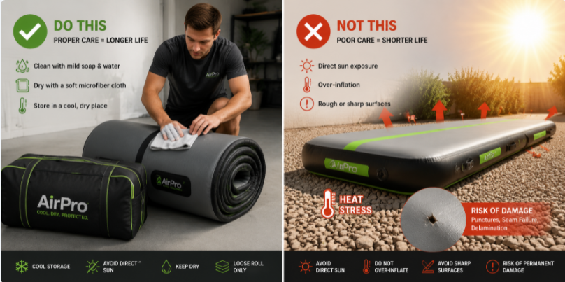 A split-screen graphic illustrating proper cleaning and storage of a gymnastics mat versus harmful sun and gravel exposure.