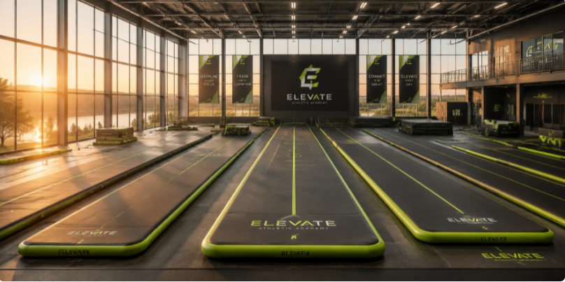 A pristine, luxury sports facility fully equipped with custom premium air tracks ready for business operations.