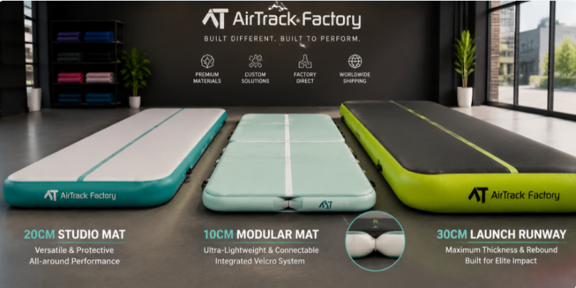 A side-by-side product comparison showcasing a 10cm modular mat, a 20cm studio track, and a thick 30cm commercial runway.