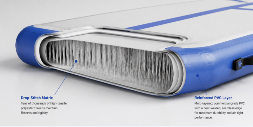 A detailed 3D cutaway infographic displaying the internal drop-stitch fibers and double-wall fabric construction of an air track mat.