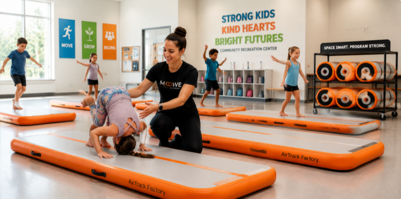 Young children practicing basic gymnastics moves on a fleet of budget-friendly entry-level air track mats.