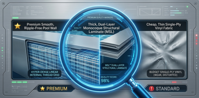 A detailed visual buying guide identifying high-density internal stitching and dual-layer reinforced PVC as premium quality markers.