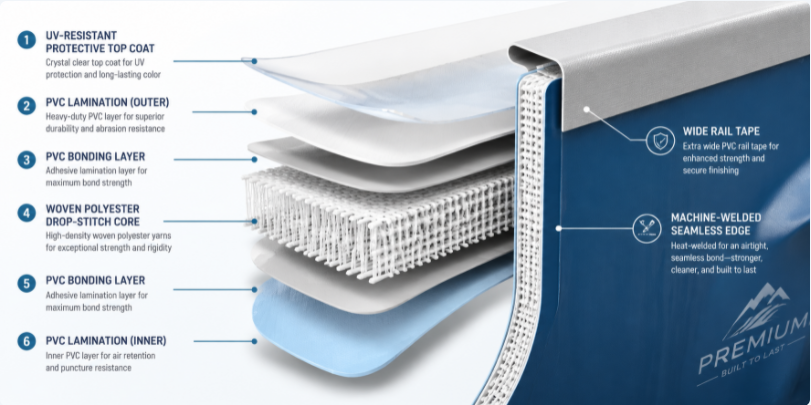 An exploded-view material diagram showing the multi-layer PVC fabric, UV-inhibiting topcoat, and heat-welded seams of a premium pool.