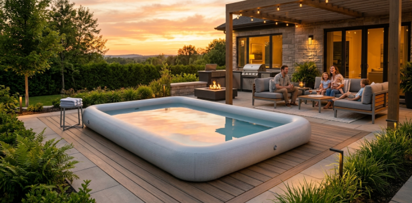 A beautiful sunlit backyard oasis featuring a premium drop-stitch inflatable pool, highlighting a modern, space-saving luxury lifestyle.