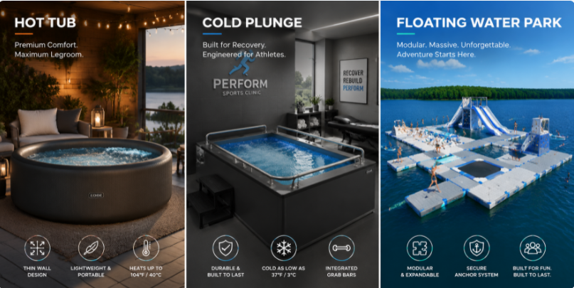 A multi-panel product guide displaying a drop-stitch portable hot tub, an athletic plunge tank, and a commercial floating water platform.