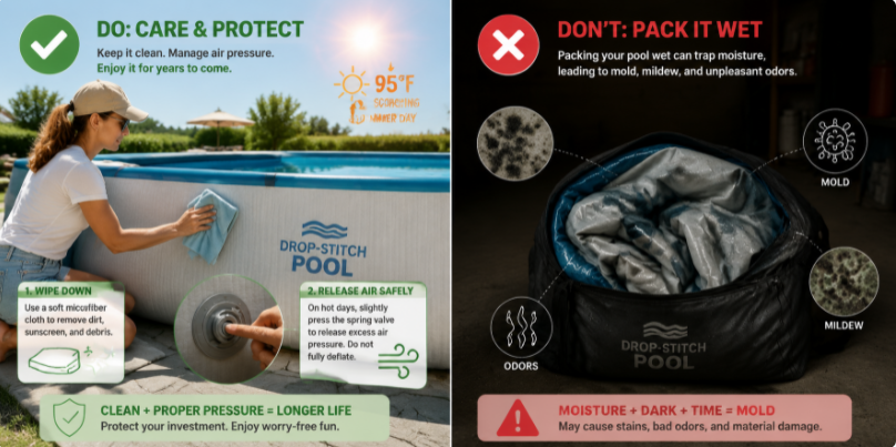 A split-screen maintenance guide illustrating proper soft-cloth cleaning and sun pressure relief versus improper wet storage