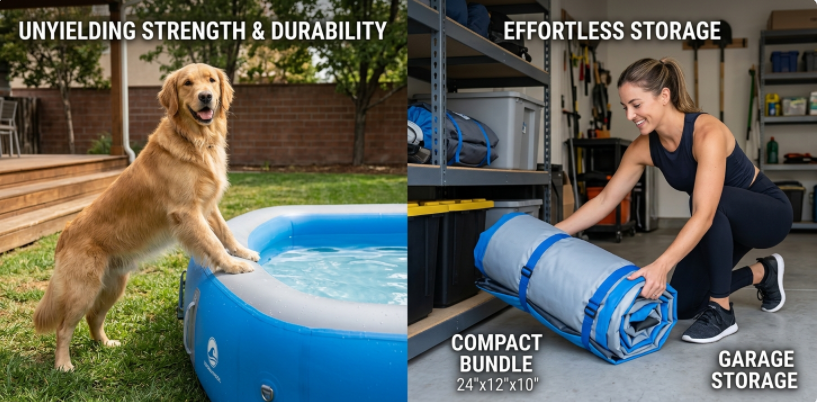 A split-screen showing a dog leaning safely on a rigid drop-stitch pool rim and a person packing a deflated pool into a compact storage bundle.