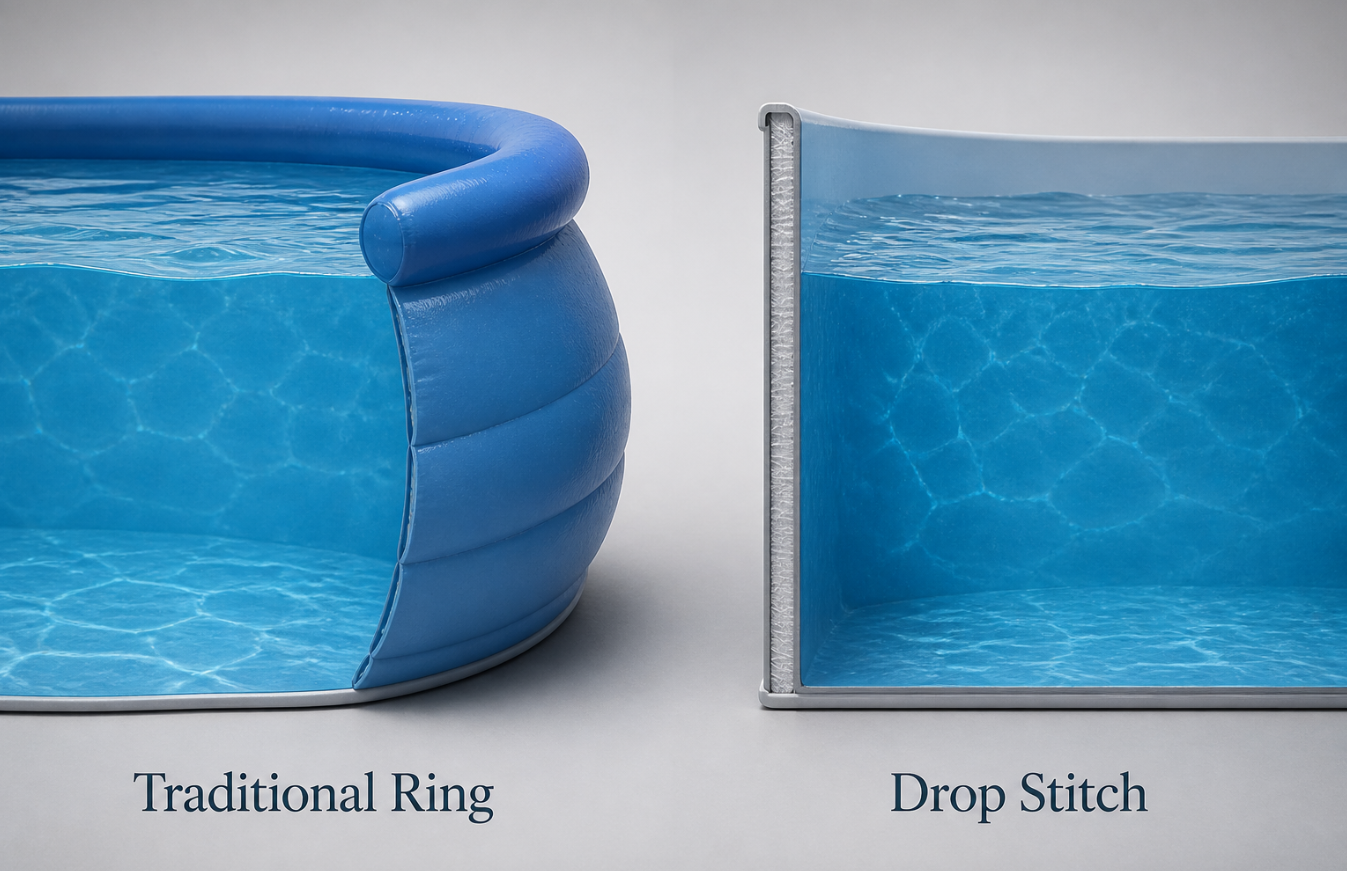 A comparative diagram contrasting a bulky, bulging traditional inflatable pool wall with a slim, rigid drop-stitch pool wall.