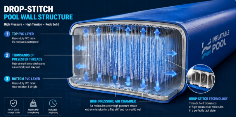 A 3D technical cutaway diagram illustrating the dense internal polyester drop-stitch threads pulling tight under high pressure inside a pool wall.