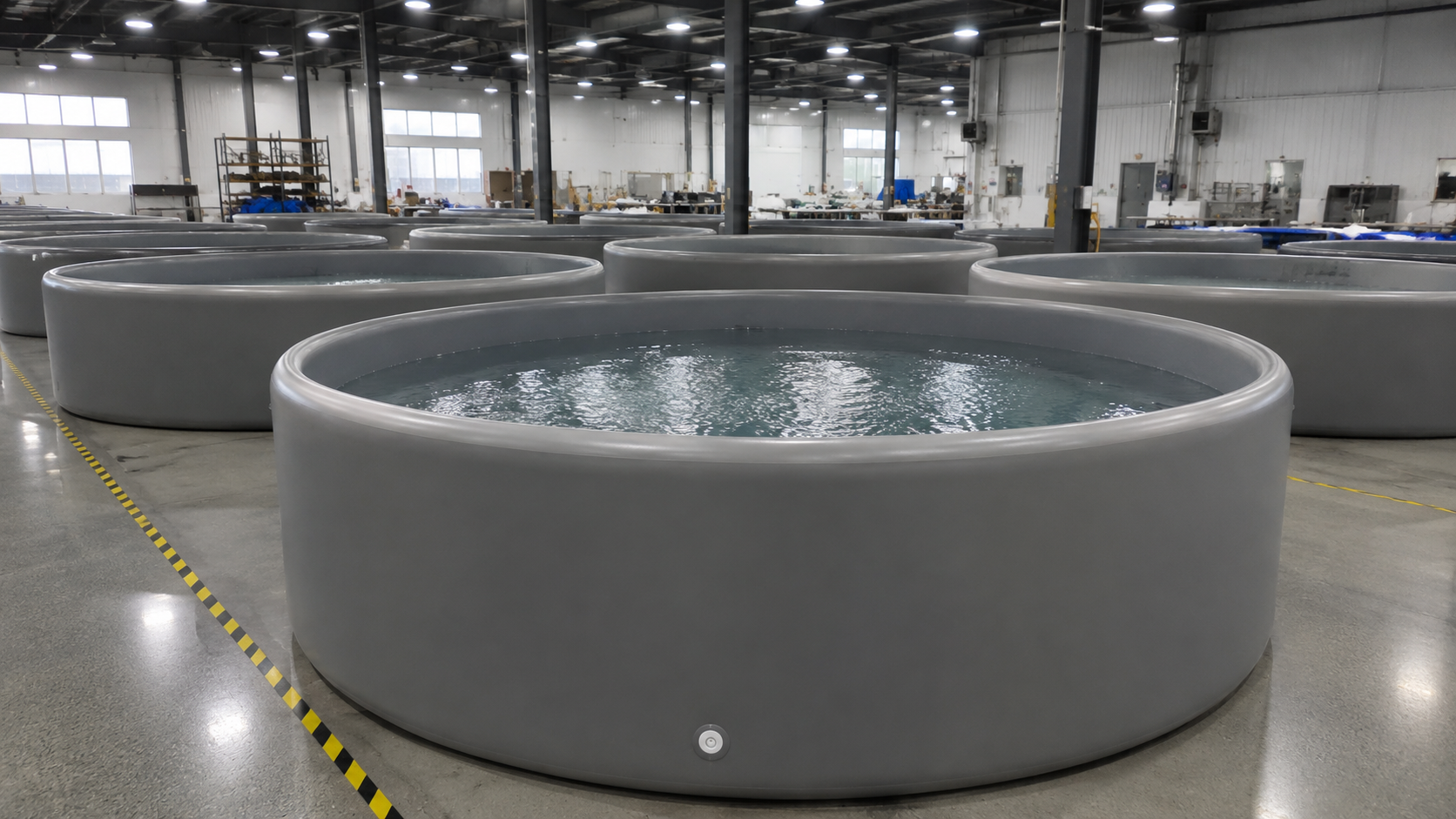 gray inflatable drop-stitch pools factory workshop scene
