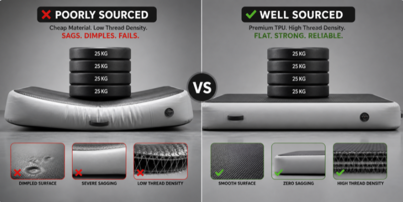 A visual comparison showing a cheap, saggy inflatable platform versus a perfectly rigid, premium TPU drop stitch platform.