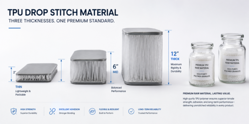A studio display of raw TPU polymer granules next to three different thicknesses of drop stitch fabric panels.