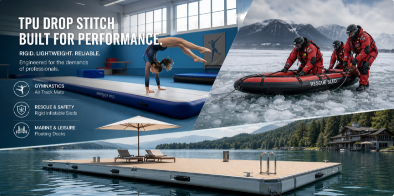 A composite display of TPU drop stitch applications including gymnastics air tracks, rescue sleds, and floating docks.
