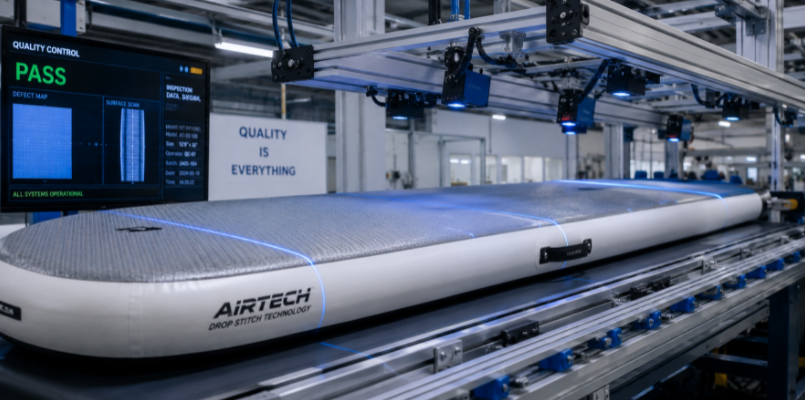 An automated laser and camera system scanning a TPU drop stitch panel for quality control defects in a factory.