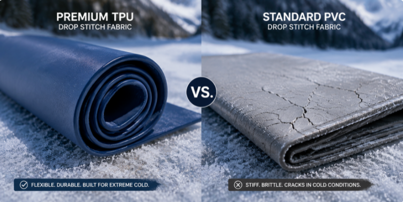 A side-by-side comparison showing flexible TPU fabric vs stiff, cracked PVC fabric in freezing winter conditions.