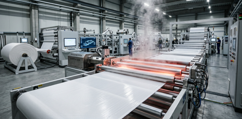 An industrial extrusion machine laminating a liquid TPU coating onto a woven fabric core inside a modern factory.