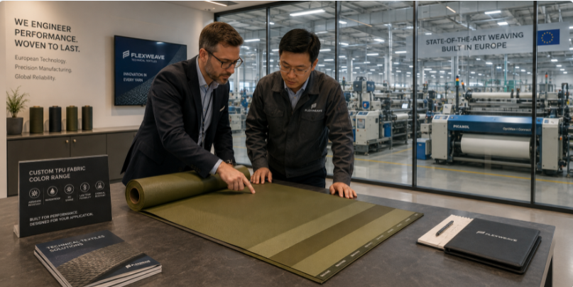 A B2B procurement meeting at an advanced manufacturing facility reviewing custom TPU drop stitch fabric rolls.