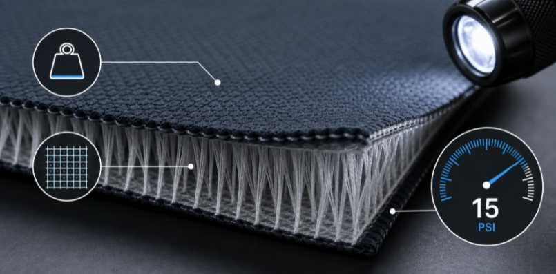 A technical evaluation view of a TPU drop stitch fabric sample with minimal graphic overlays representing material specifications.