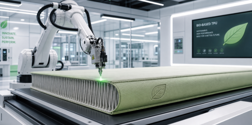 An advanced robotic laser welding system bonding eco-friendly bio-based TPU drop stitch fabric in a modern lab.