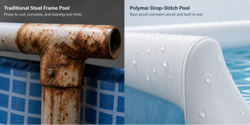 A side-by-side comparison of a rusted steel-frame pool joint and a pristine, saltwater-proof drop-stitch polymer pool wall.