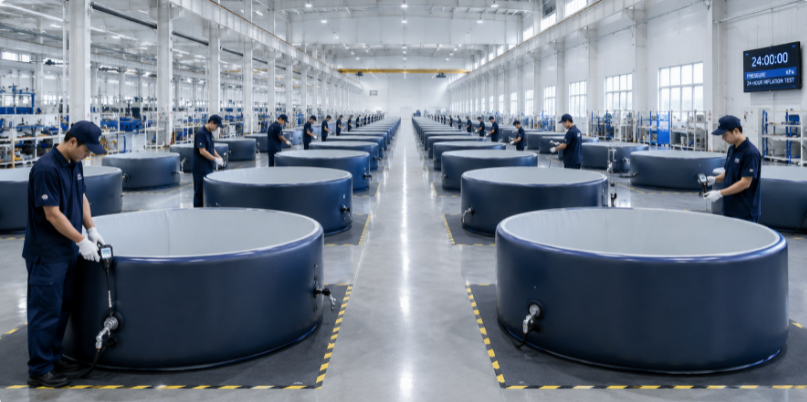 A modern, clean factory floor showing fully inflated drop-stitch pools undergoing 24-hour high-pressure quality control testing.