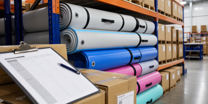 Warehouse of rolled inflatable mats prepared for bulk shipping