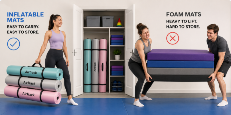 Inflatable mats save storage space compared with foam mats