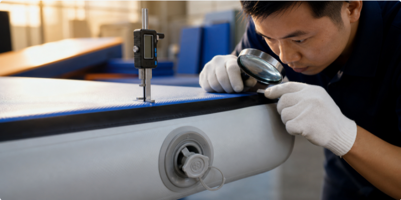 Technician inspecting air track valve, seam, and thickness during QC.