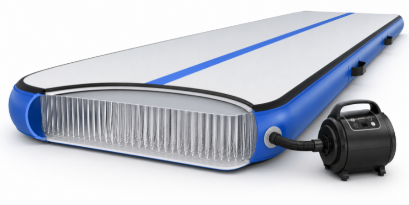 Inflated air track mat showing air-filled core and flat surface