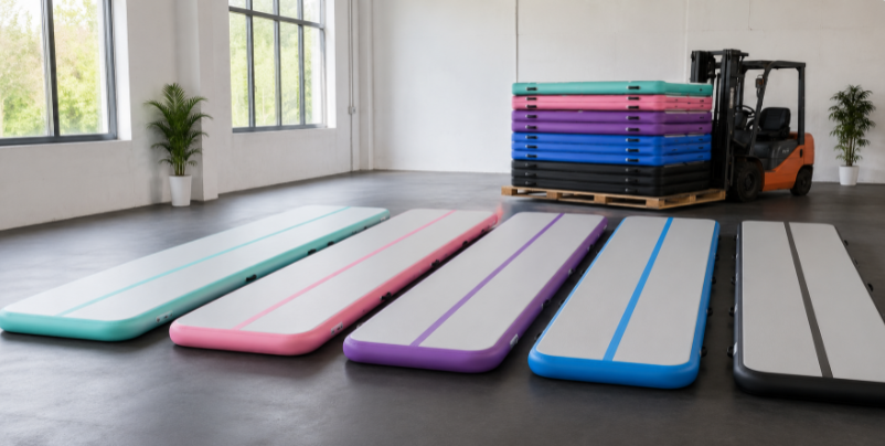 Bulk air track tumbling mats stacked and laid out in a gym for B2B buyers