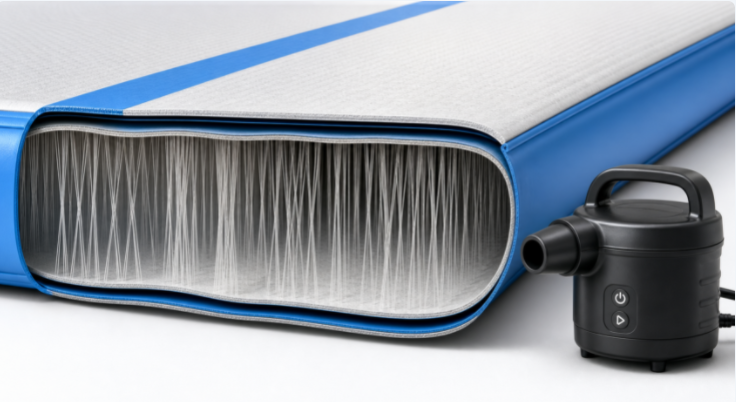 Cross-section of a drop-stitch inflatable gymnastics mat with connecting threads