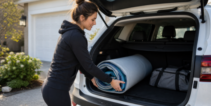 Coach packing a deflated inflatable mat into a car trunk