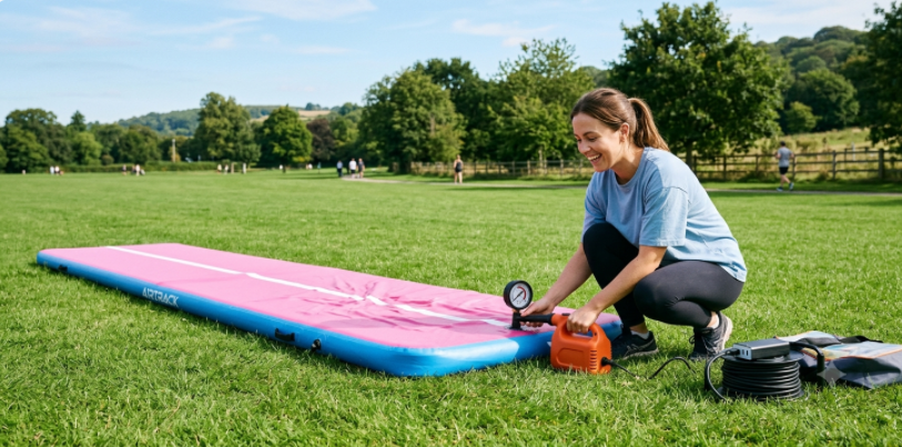 Inflating an air track mat with an electric pump on a flat surface