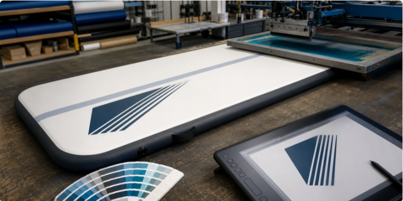 Custom logo and Pantone color printing on an air track mat
