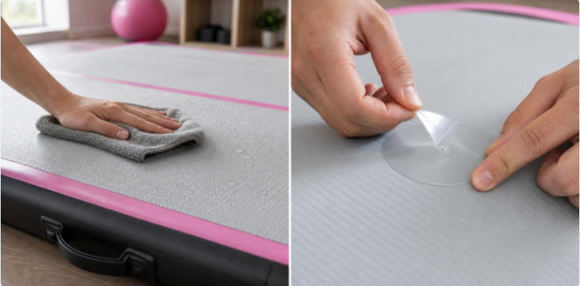 Cleaning and patching an inflatable gymnastics mat