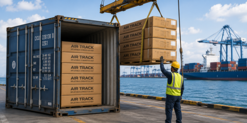 Air track mats loaded into a shipping container for sea freight.