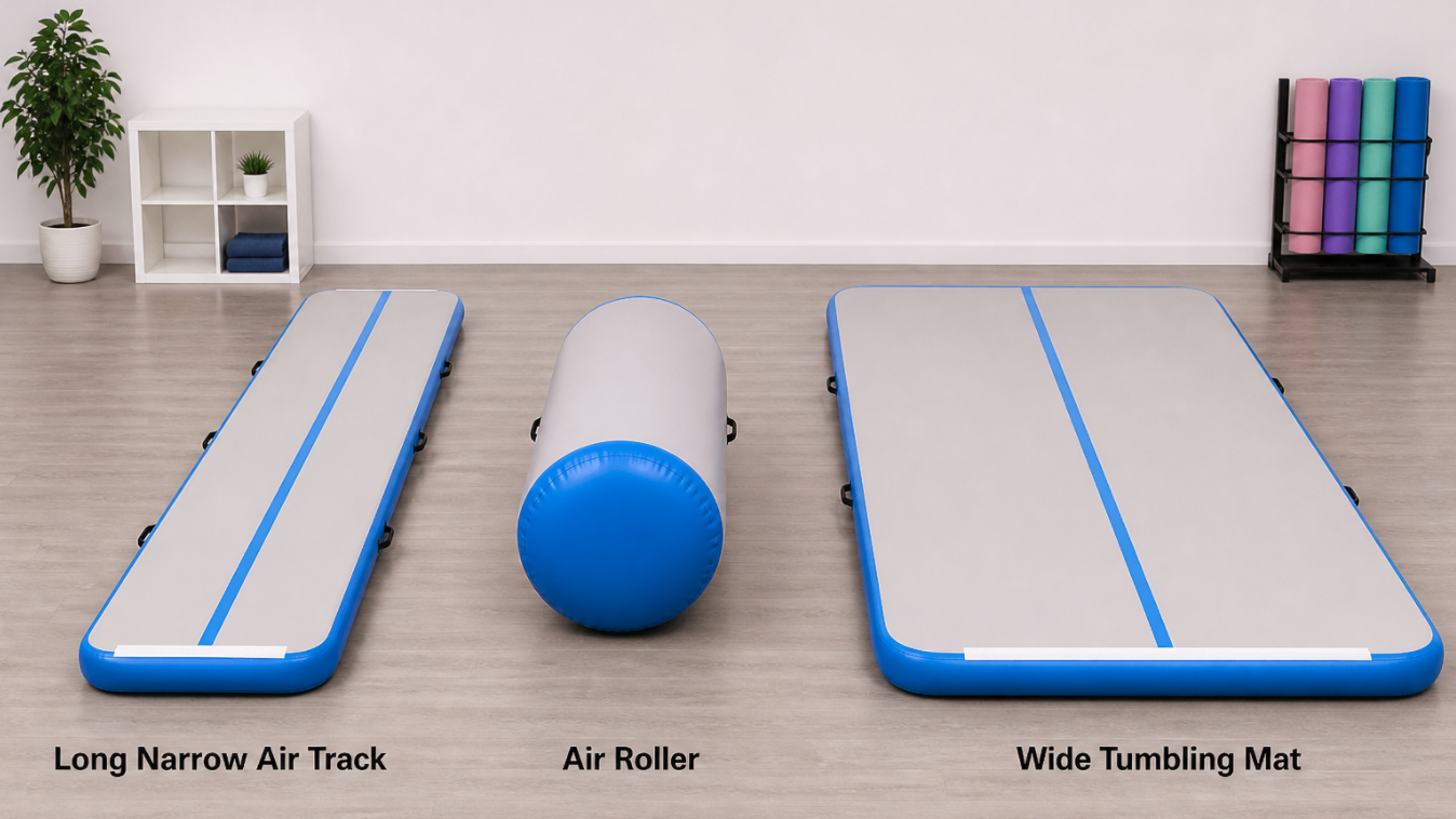 Air track, air roller, and tumbling mat shown together