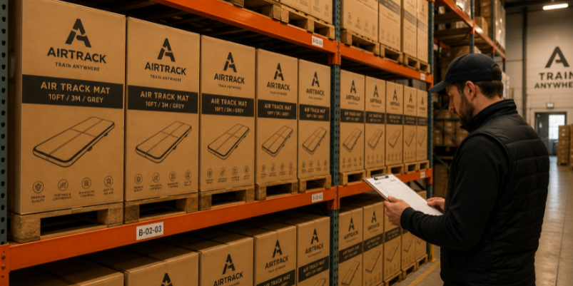 Pallet of identical branded air track cartons ready for bulk shipment.