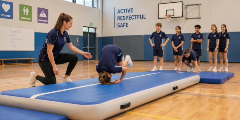 School PE class using an inflatable mat for gymnastics practice
